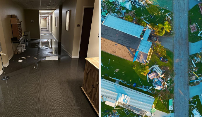 Collage images of disaster, asbestos, disinfection and content restoration service